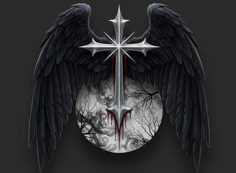Decorative design with a cross, wings, and a dark, eerie landscape on a dark background.